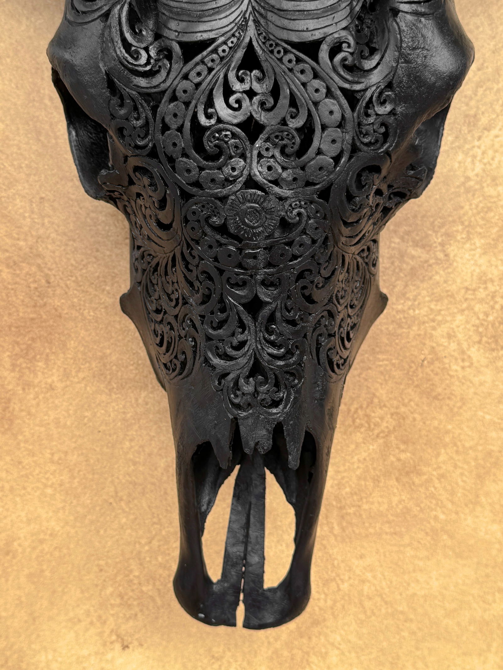 Black cow skull with bohemian carved horns - Badong motif - 4