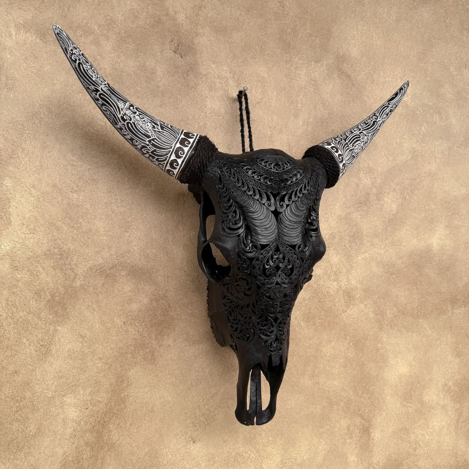 Black cow skull with bohemian carved horns - Badong motif - 5