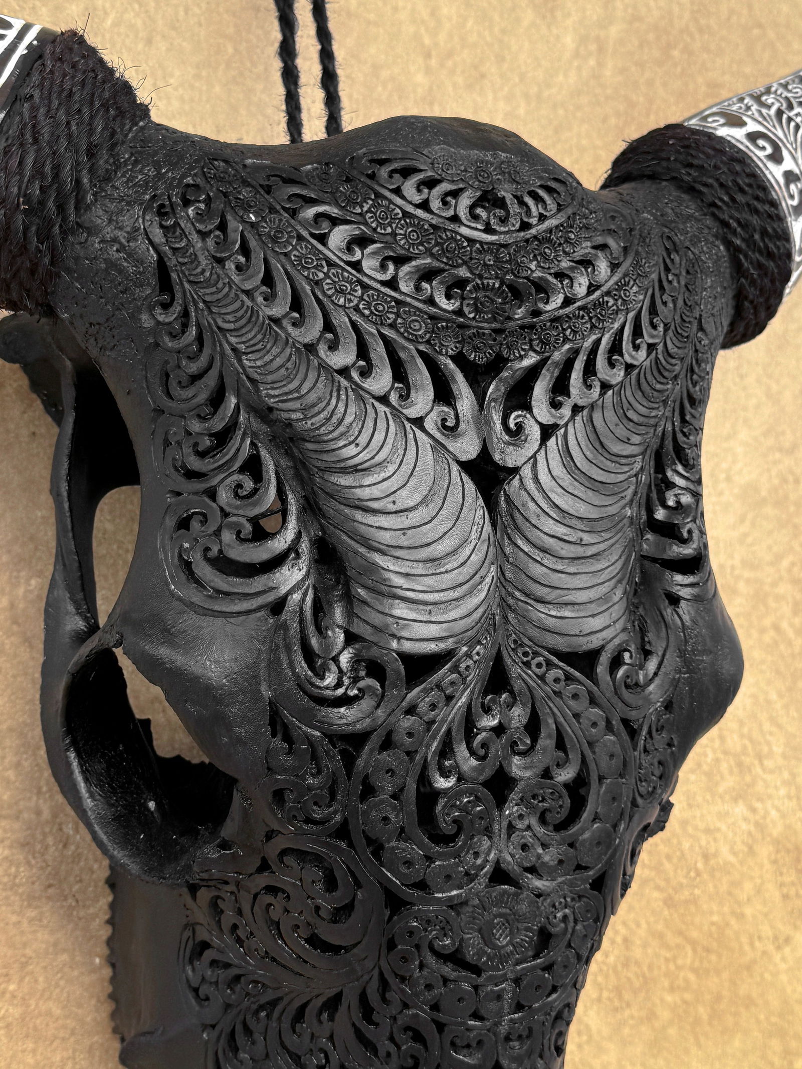 Black cow skull with bohemian carved horns - Badong motif - 6