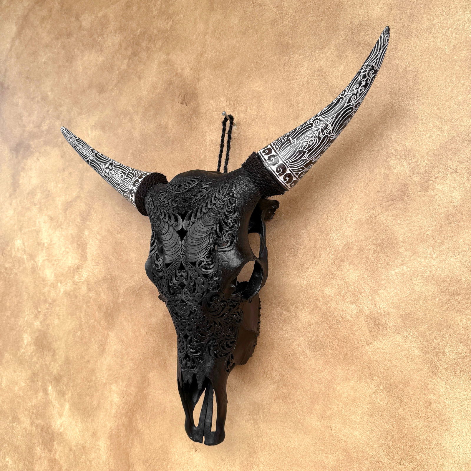 Black cow skull with bohemian carved horns - Badong motif - 7
