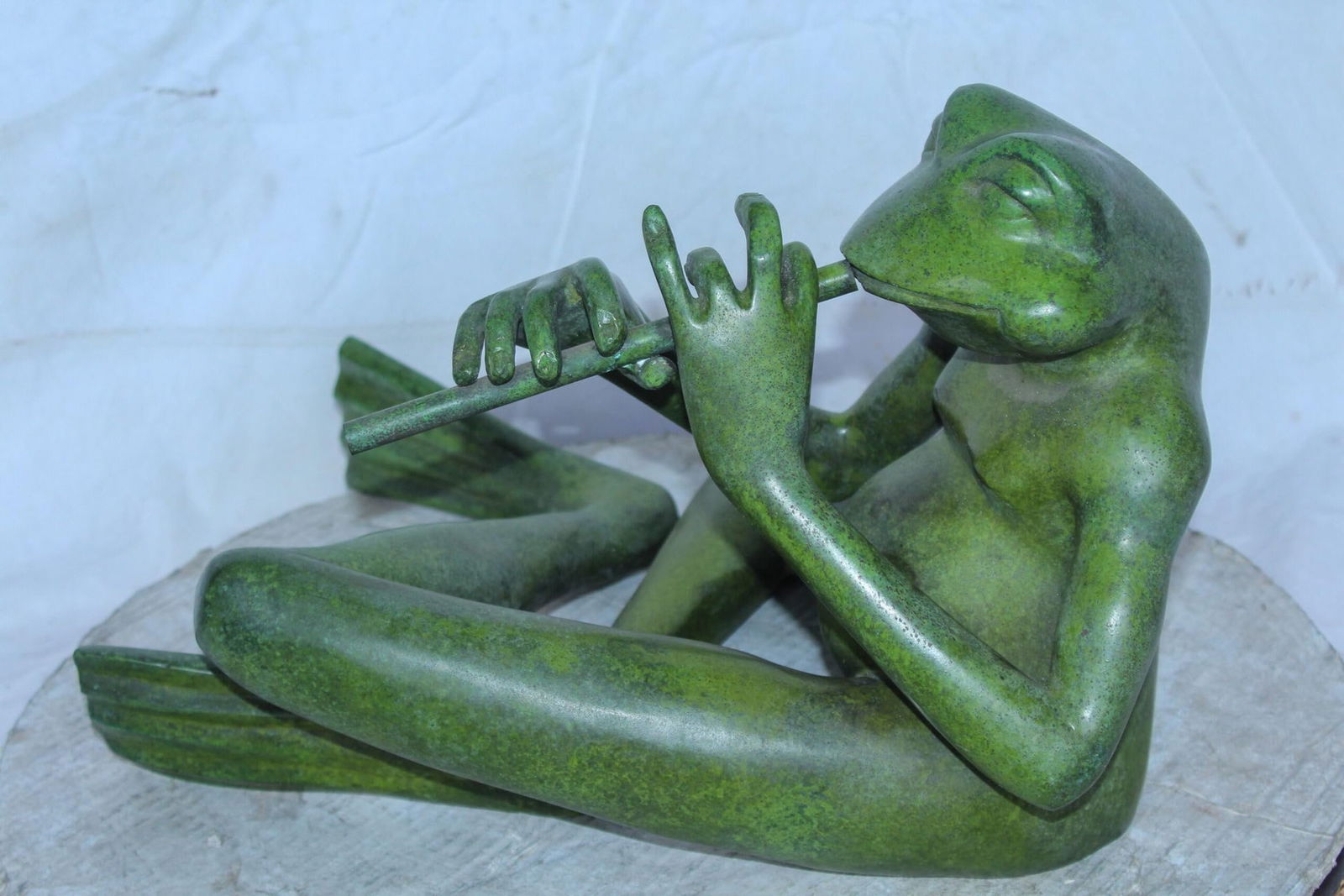 Musical Frog Playing Flute Bronze Statue with Green Patina 20" x 18" x 12"H - 10