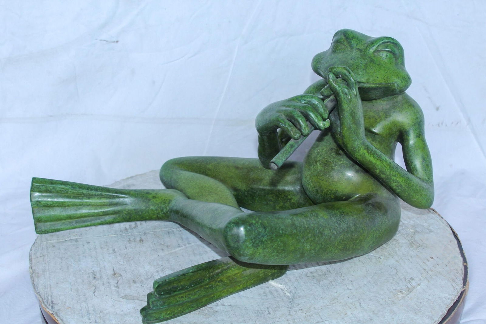 Musical Frog Playing Flute Bronze Statue with Green Patina 20" x 18" x 12"H - 11