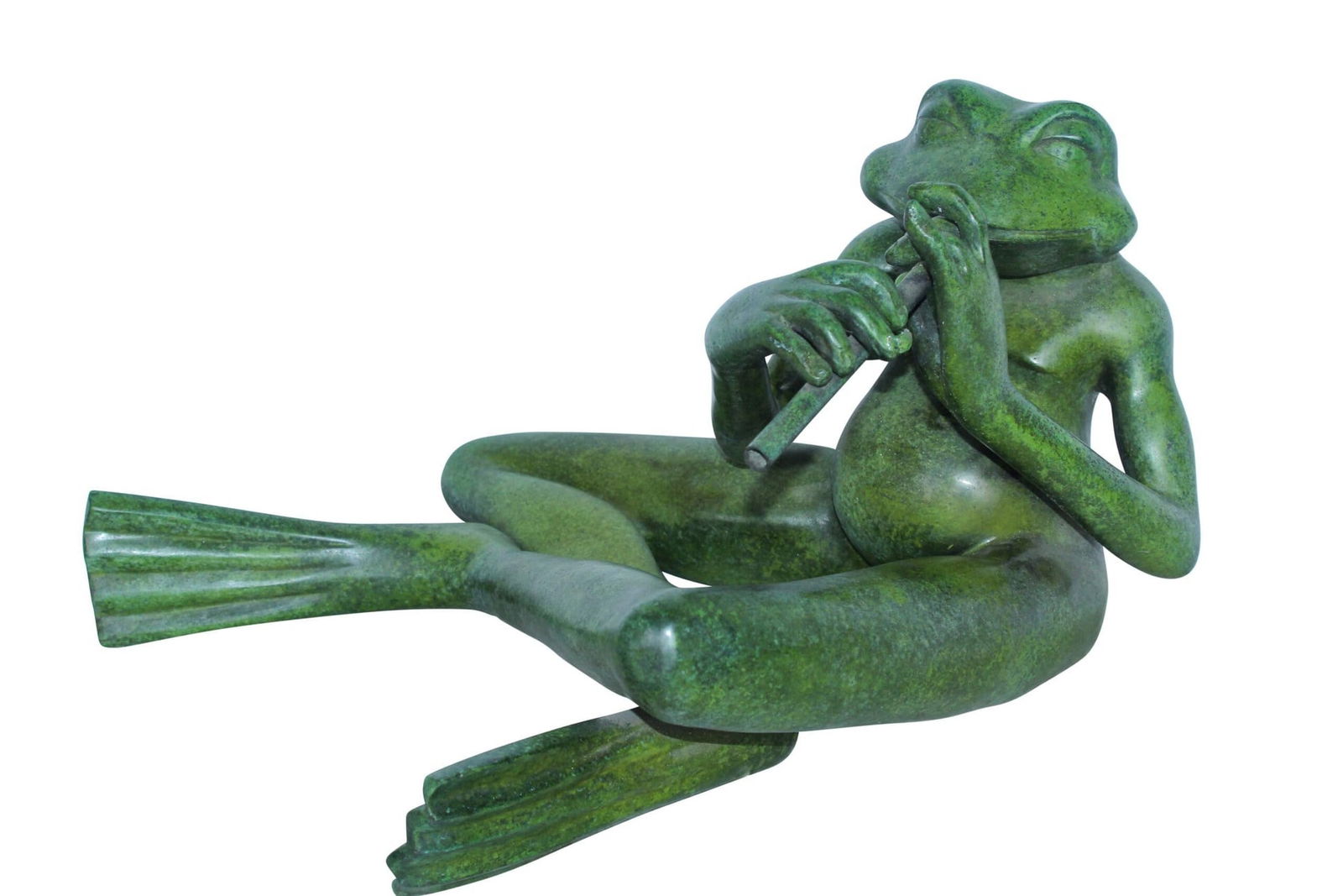 Musical Frog Playing Flute Bronze Statue with Green Patina 20" x 18" x 12"H: Title:Musical Frog Playing Flute Bronze Statue with Green Patina 20" x 18" x 12"HDescription:Musical frog playing flute bronze statue with green patina, handcrafted and casted using traditional lost