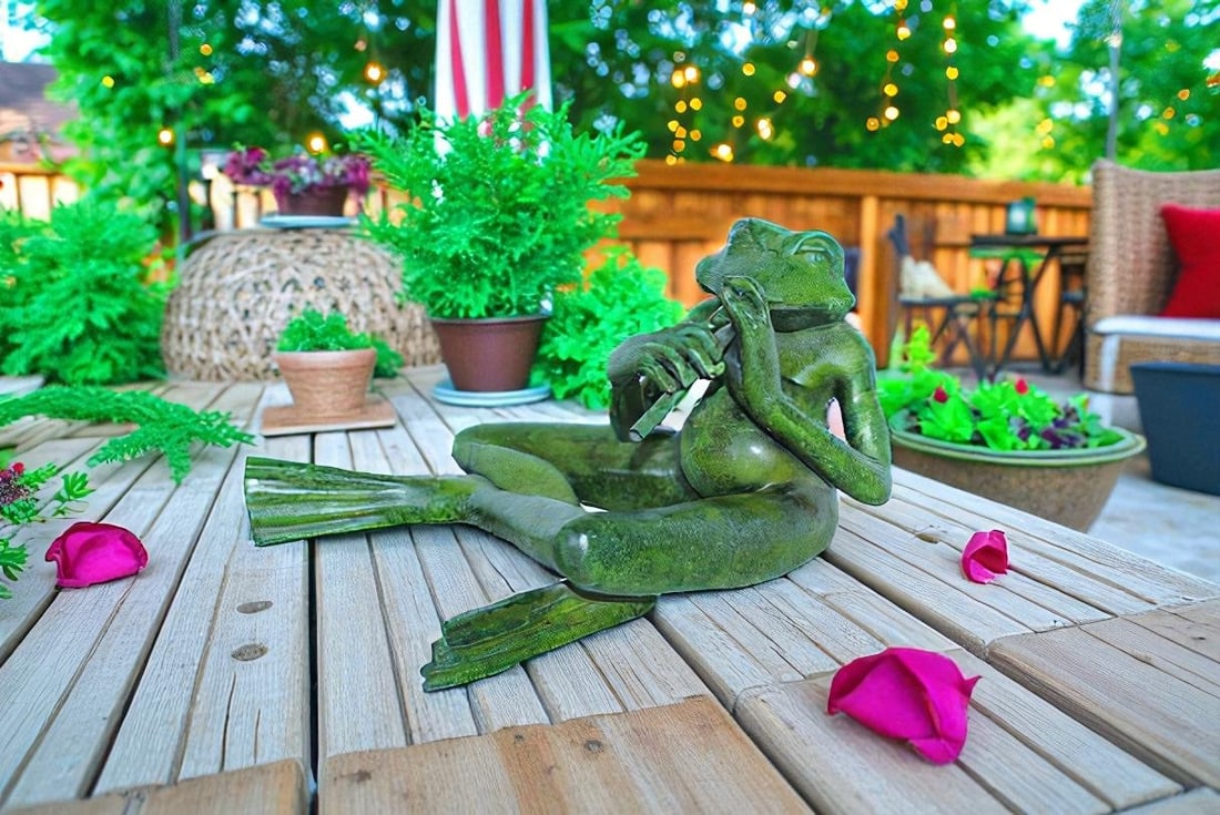 Musical Frog Playing Flute Bronze Statue with Green Patina 20" x 18" x 12"H - 3