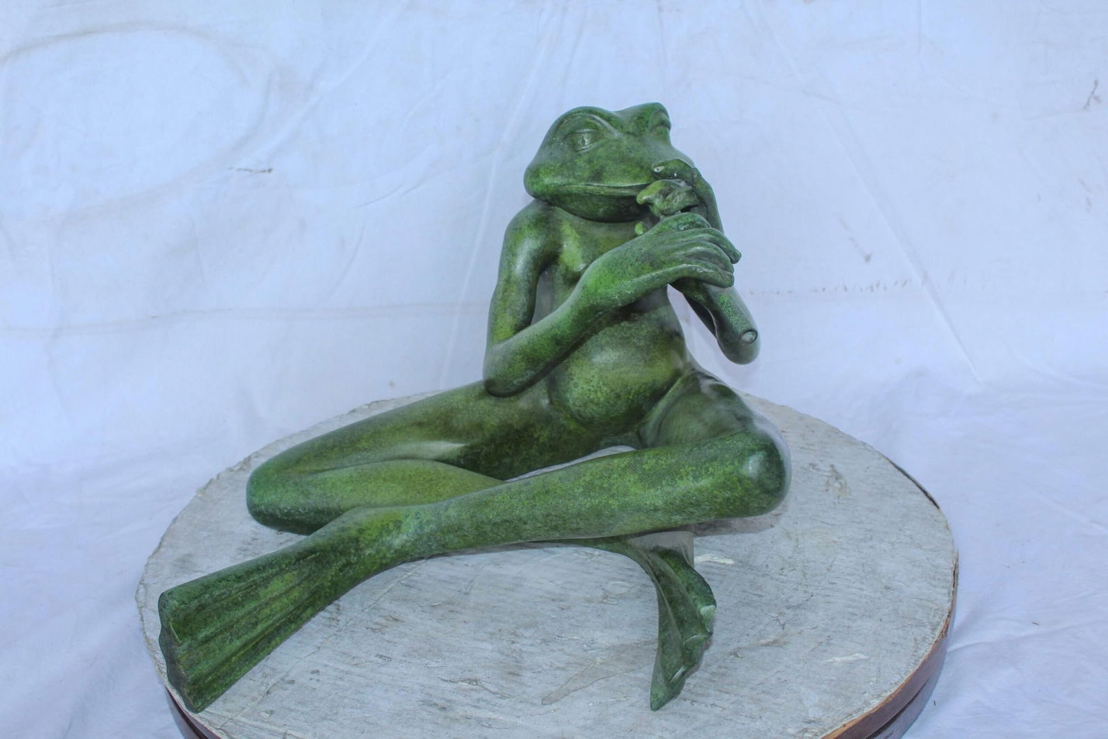 Musical Frog Playing Flute Bronze Statue with Green Patina 20" x 18" x 12"H - 4