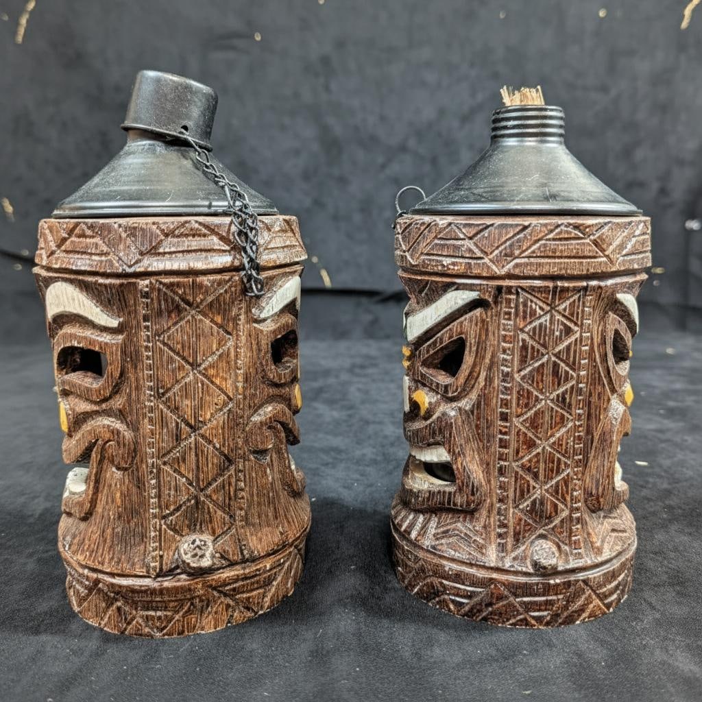 Vintage 90s Friki-Tiki Polynesian Torch Set, Tabletop or Pole Oil Burning Lights - 2