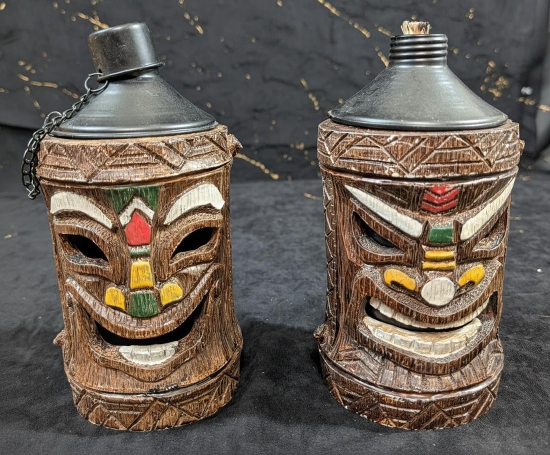 Vintage 90s Friki-Tiki Polynesian Torch Set, Tabletop or Pole Oil Burning Lights - 3