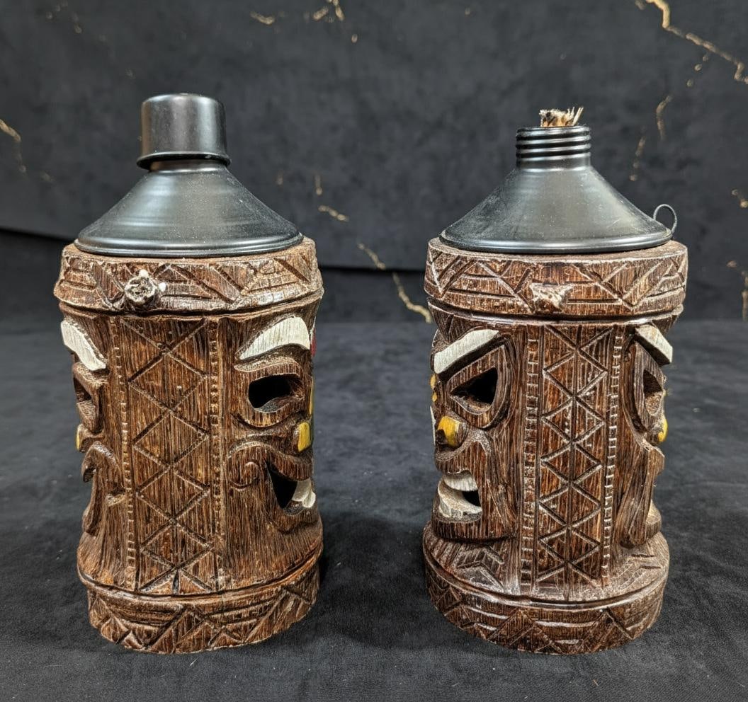 Vintage 90s Friki-Tiki Polynesian Torch Set, Tabletop or Pole Oil Burning Lights - 4