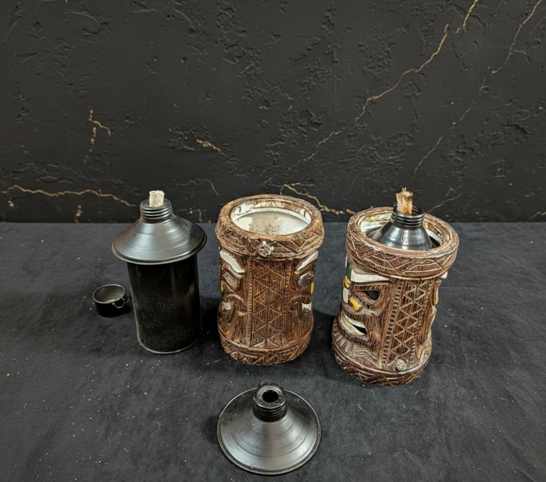 Vintage 90s Friki-Tiki Polynesian Torch Set, Tabletop or Pole Oil Burning Lights - 6