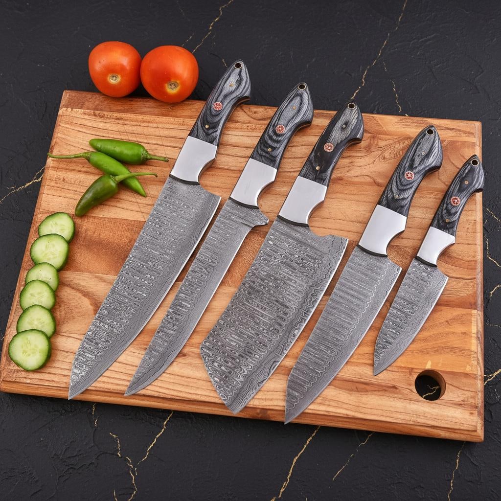 Handmade 5-Piece Damascus Steel Chef Knife Set with Black Wood Handles & Leather Roll - 2