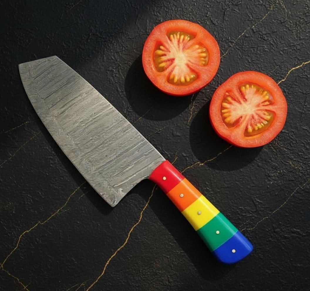 Handmade Damascus Steel Kitchen Cleaver Knife with a Vibrant Rainbow Resin Handle: Title:Handmade Damascus Steel Kitchen Cleaver Knife with a Vibrant Rainbow Resin HandleDescription:Discover a unique, handcrafted kitchen cleaver designed for both performance and style. This knife