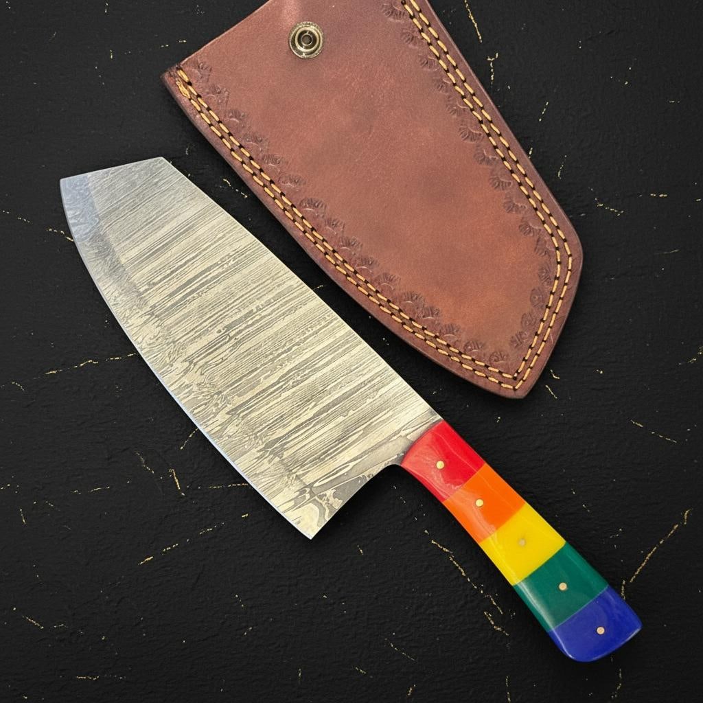 Handmade Damascus Steel Kitchen Cleaver Knife with a Vibrant Rainbow Resin Handle - 2
