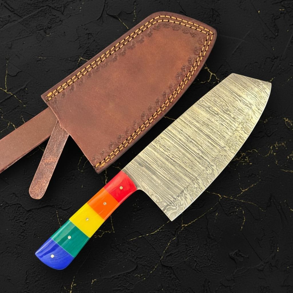 Handmade Damascus Steel Kitchen Cleaver Knife with a Vibrant Rainbow Resin Handle - 3