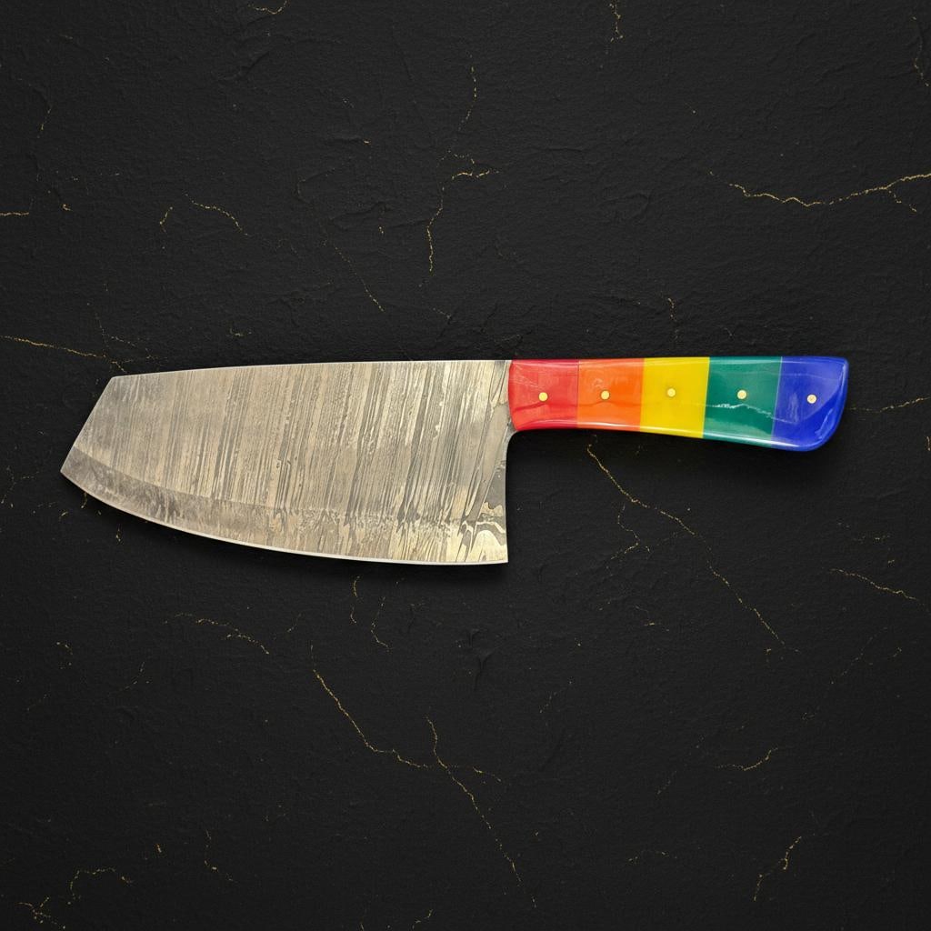 Handmade Damascus Steel Kitchen Cleaver Knife with a Vibrant Rainbow Resin Handle - 7