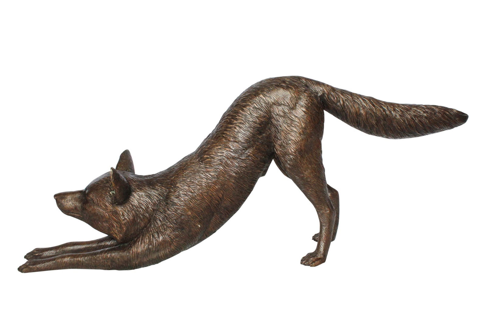 Bronze Wolf Stretching Statue – Handcrafted Lost Wax Wildlife Sculpture with Natural Patina Finish: Title:Bronze Wolf Stretching Statue – Handcrafted Lost Wax Wildlife Sculpture with Natural Patina Finish Long Lifelike Wolf Art for Rustic Cabin, Lodge Home Décor 49" x 10" x 20"HDescription:This