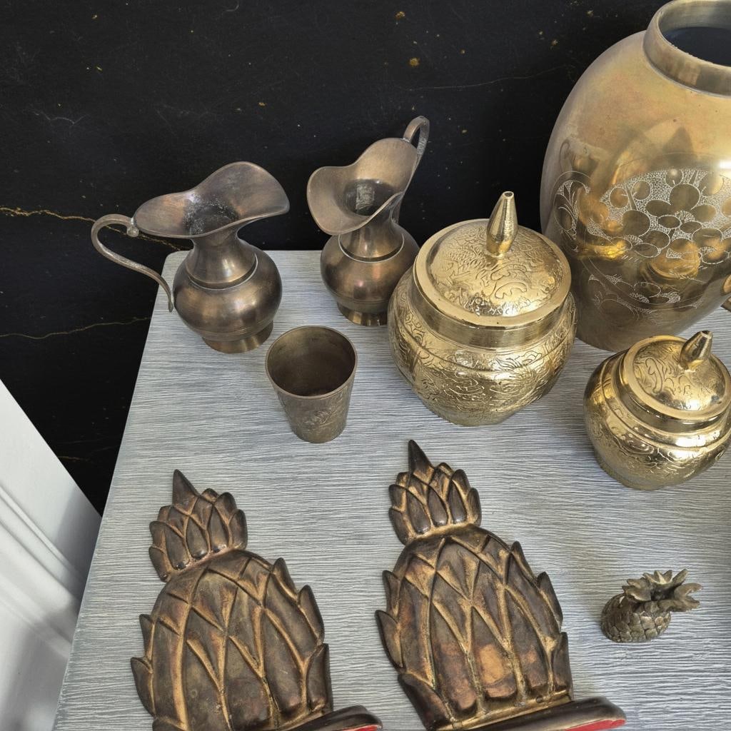 Vintage Brass Decor Lot of 15 Pieces MCM Boho Pineapple Candlesticks Pitchers - 3