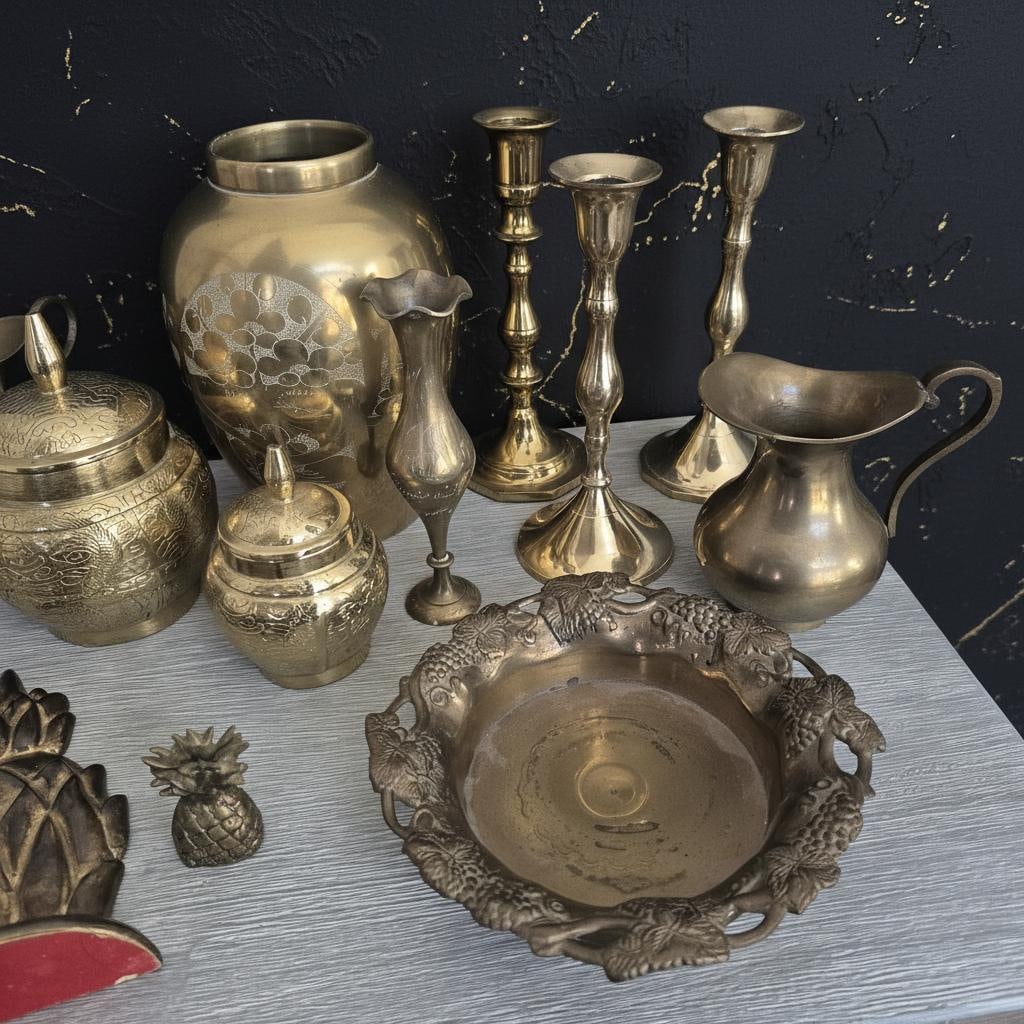 Vintage Brass Decor Lot of 15 Pieces MCM Boho Pineapple Candlesticks Pitchers - 4