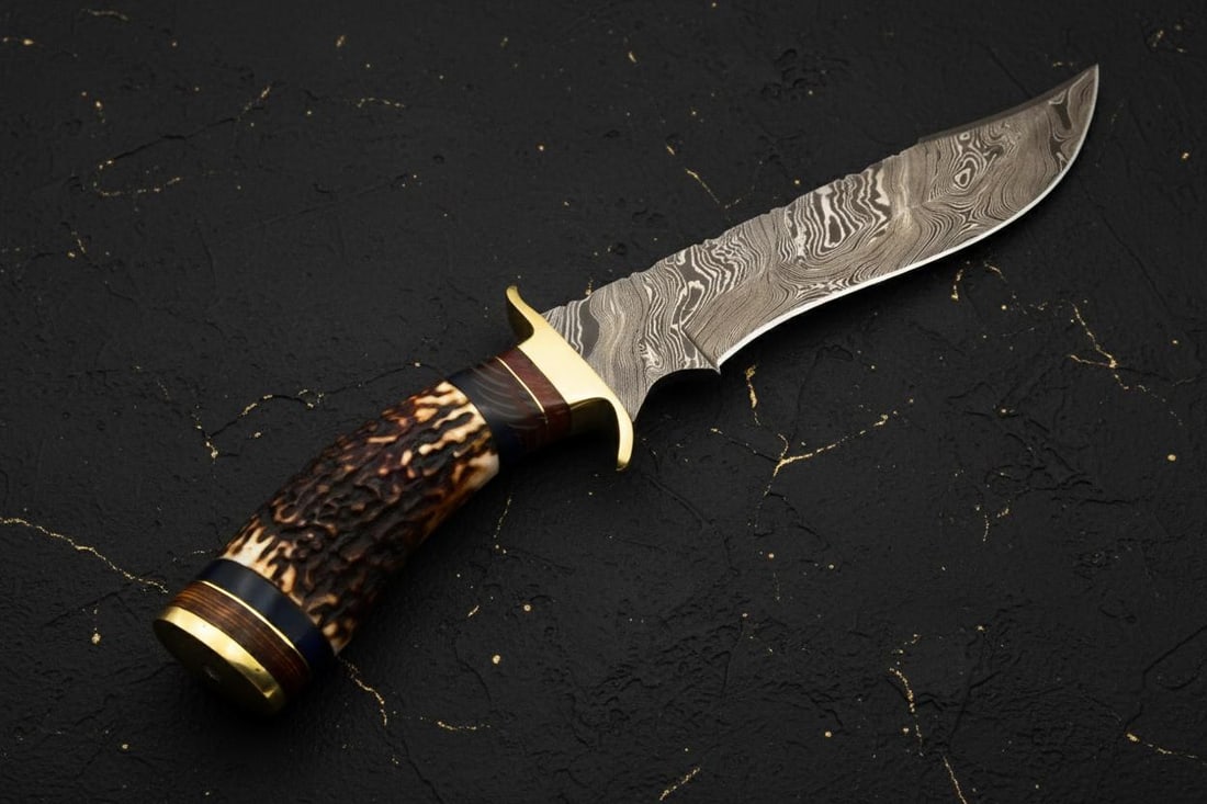 Forged Damascus Steel Hunting Bowie Knife 10" Custom Made with Deer Antler Handle - 4