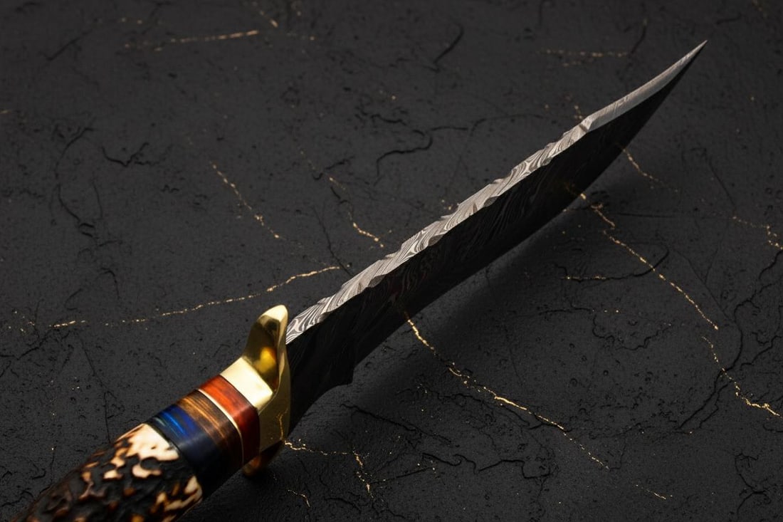 Forged Damascus Steel Hunting Bowie Knife 10" Custom Made with Deer Antler Handle - 5
