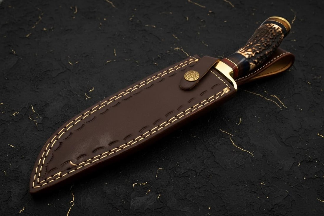 Forged Damascus Steel Hunting Bowie Knife 10" Custom Made with Deer Antler Handle - 7