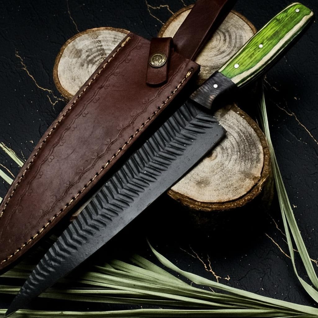 Custom Forged D2 Steel Chef Knife with Engraved Powder Coated Blade, Full Tang: Title:Custom Forged D2 Steel Chef Knife with Engraved Powder Coated Blade, Full TangDescription:This is a custom handmade chef knife, expertly crafted for professional and home kitchen use. The full