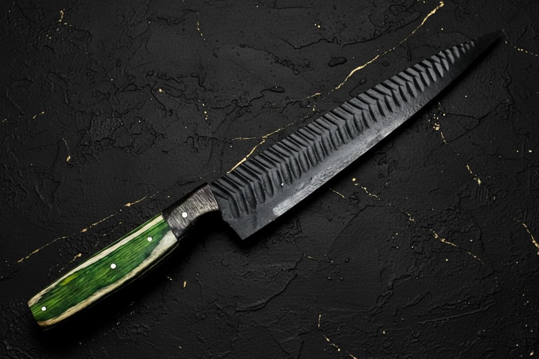 Custom Forged D2 Steel Chef Knife with Engraved Powder Coated Blade, Full Tang - 5