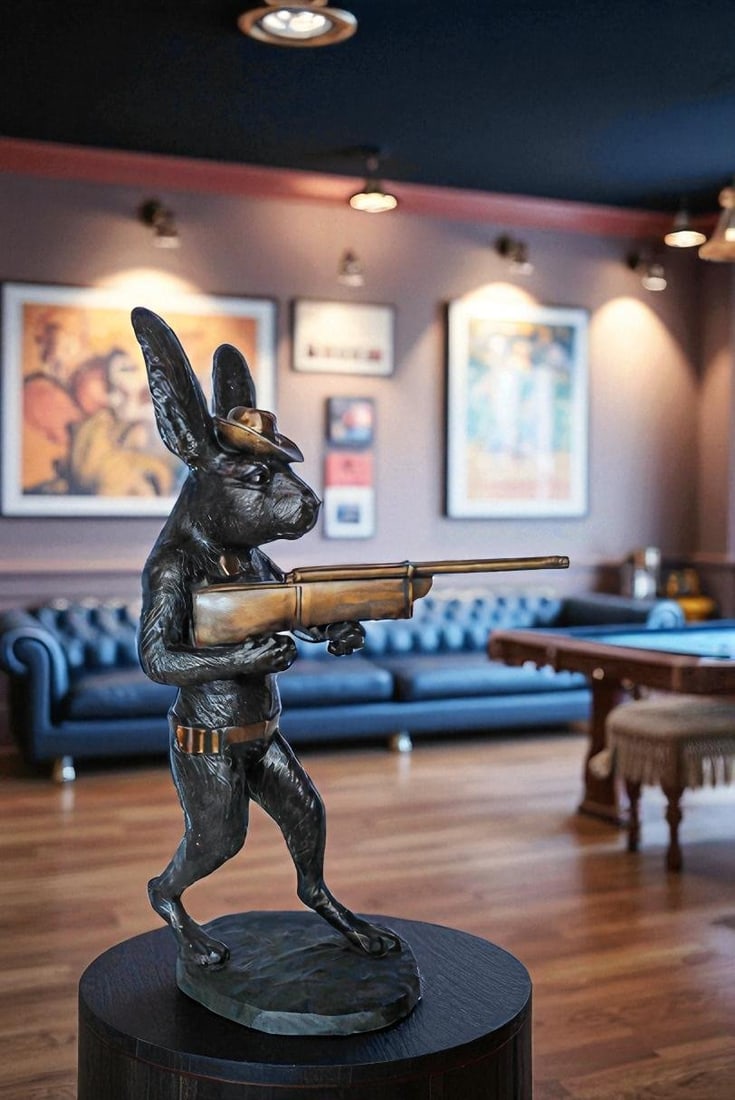 Bronze Statue of Cowboy Rabbit Holding Rifle 22" x 13" x 35"H - 2
