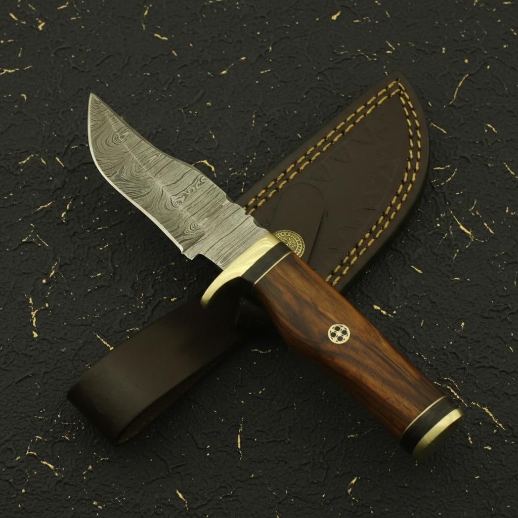 8" Hand Forged Damascus Hunting Knife with Custom Rosewood Handle & Leather Sheath - 4