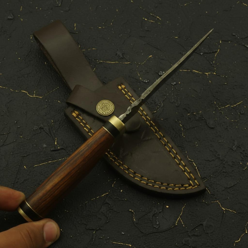 8" Hand Forged Damascus Hunting Knife with Custom Rosewood Handle & Leather Sheath - 5