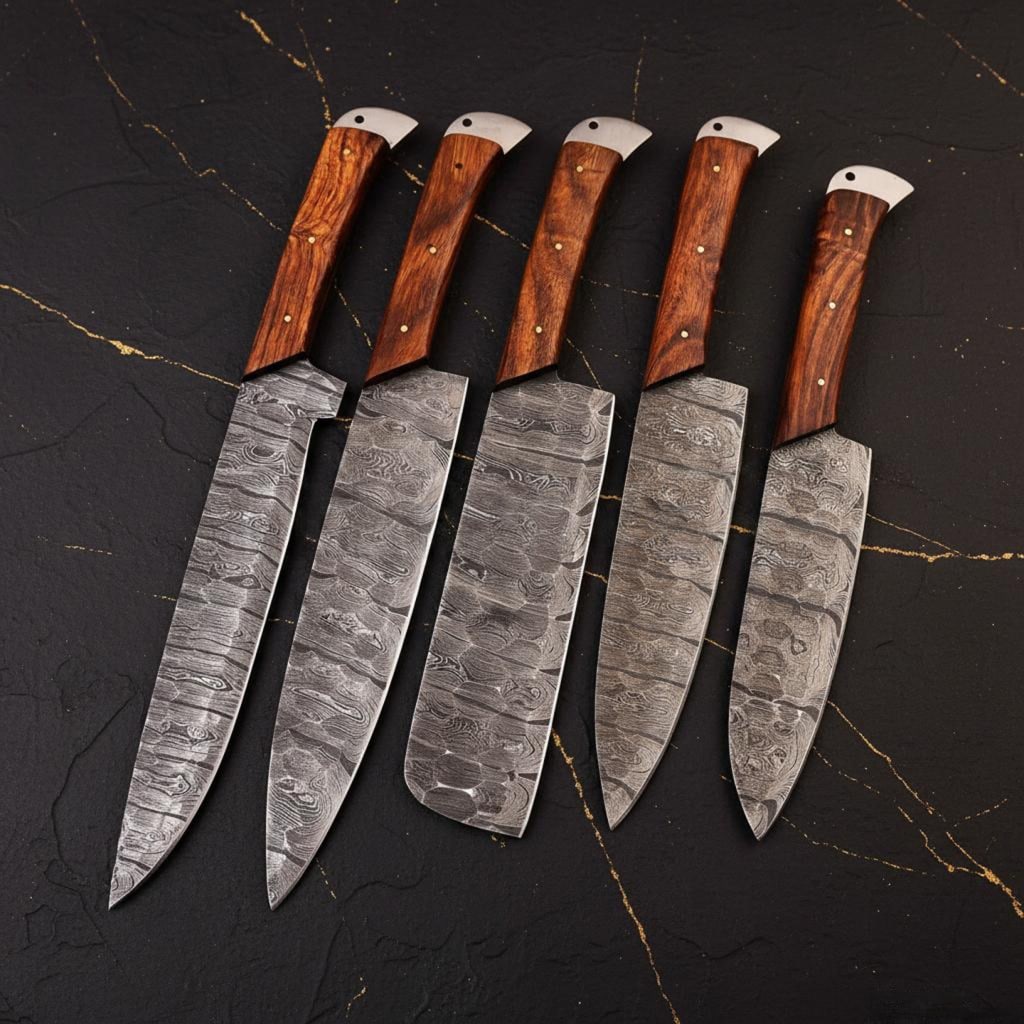 Hand Forged 5-Piece Damascus Steel Knife Set, Twist Pattern Professional Chef Knives: Title:Hand Forged 5-Piece Damascus Steel Knife Set, Twist Pattern Professional Chef KnivesDescription:Discover this custom hand-forged 5-piece kitchen knife set, complete with a durable leather