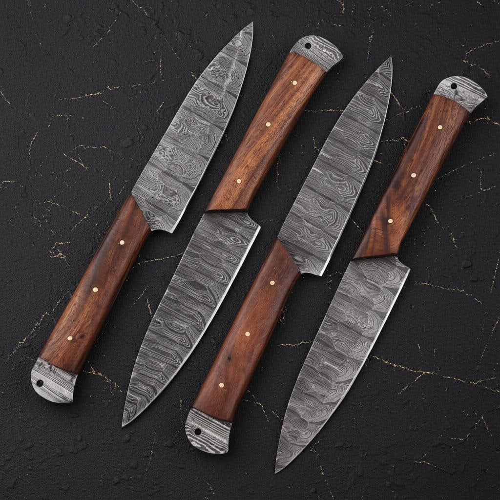 Hand Forged Damascus Steel Steak Knife Set of 4 with Rosewood Handles for Kitchen - 2
