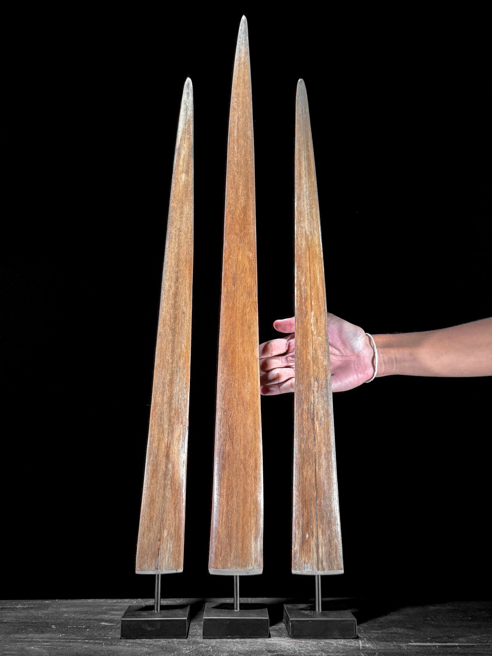 Swordfish tusk trio with custom stands: Title: Swordfish tusk trio with custom standsMaker:UnknownOrigin: IndonesiaDate/Period:2025Materials:Xiphius Gladius, Bone, SteelDimensions:Height including stand: Tusk 1: 73 cm / 28.7 inches Tusk