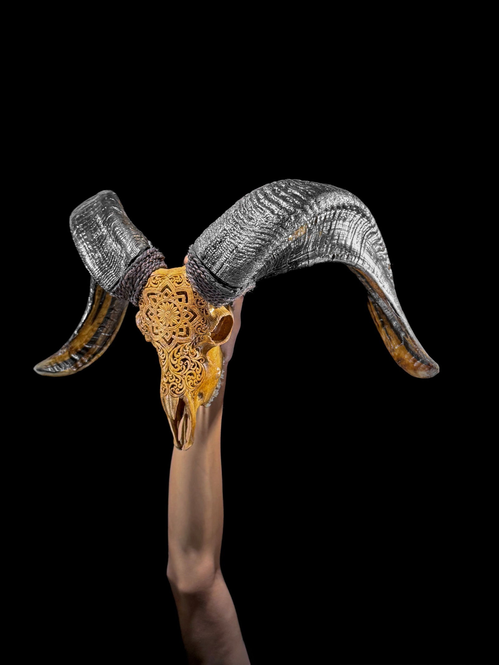 Beautiful large brown ram's skull on a custom stand - Star mandala motif - 10