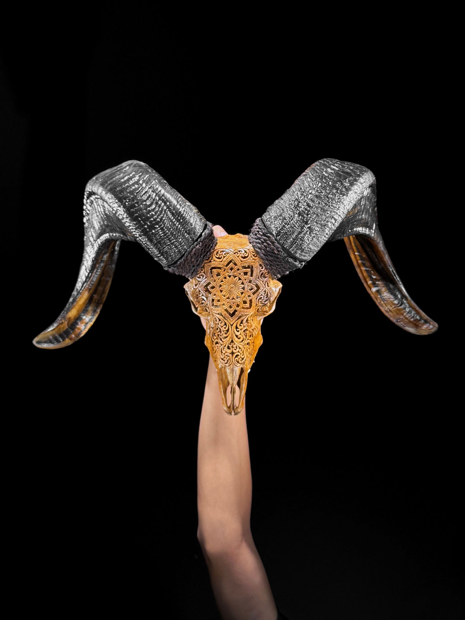 Beautiful large brown ram's skull on a custom stand - Star mandala motif - 3