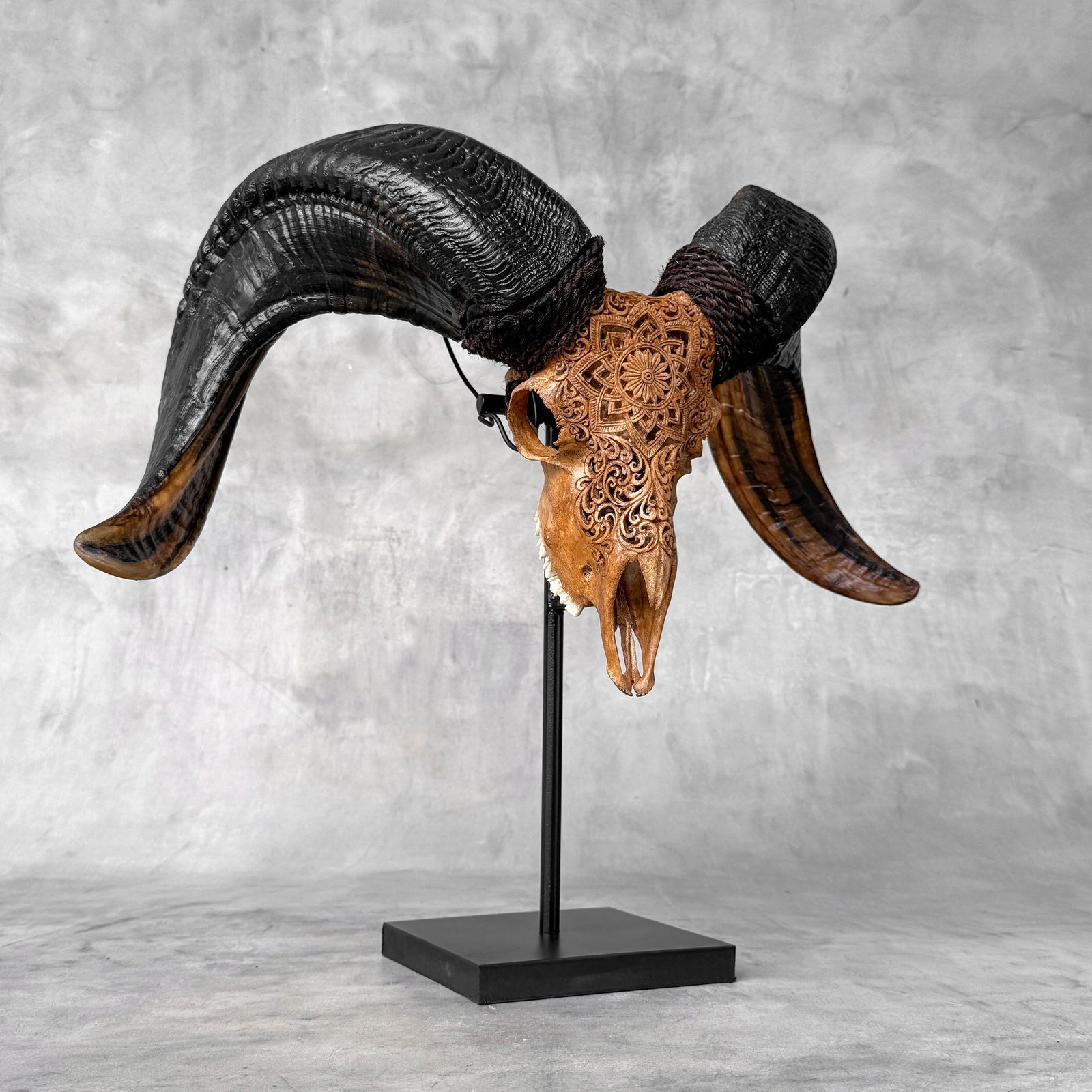 Beautiful large brown ram's skull on a custom stand - Star mandala motif - 8
