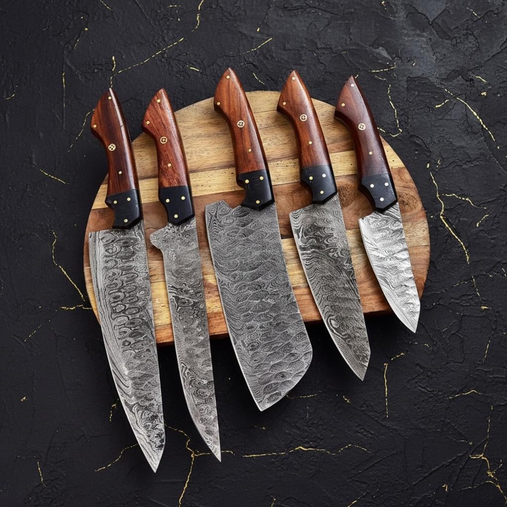 Hand Forged 5-Piece Damascus Steel Knife Set, Custom Kitchen Chef Knives with Sheath - 2