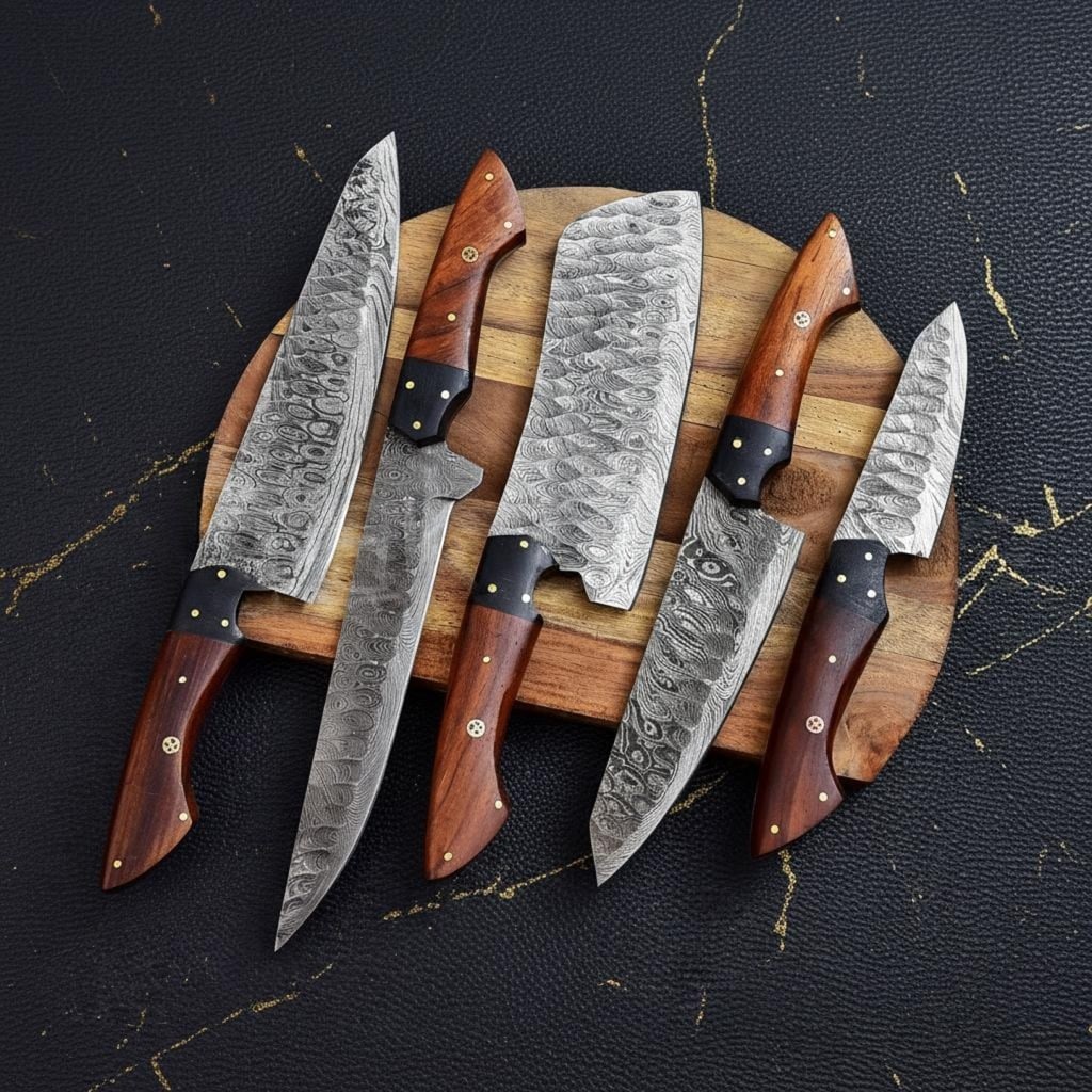 Hand Forged 5-Piece Damascus Steel Knife Set, Custom Kitchen Chef Knives with Sheath - 4