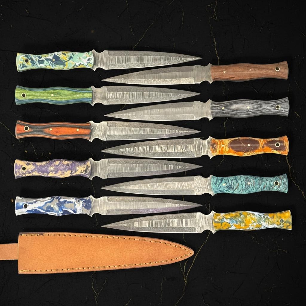 Lot of 10 Damascus Steel Hunting Daggers 11" Full Tang Knives with Pakka Wood Handles: Title:Lot of 10 Damascus Steel Hunting Daggers 11" Full Tang Knives with Pakka Wood Handles Description:This listing is for a bulk lot of ten handmade hunting daggers, perfect for collectors, reseller