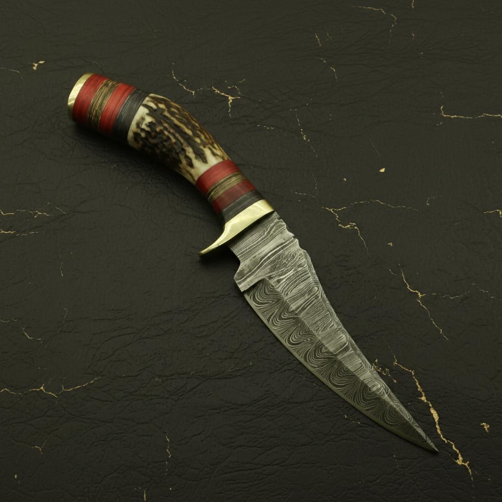 Hand Forged Damascus Steel Hunting Knife with Genuine Stag Antler Handle - 3