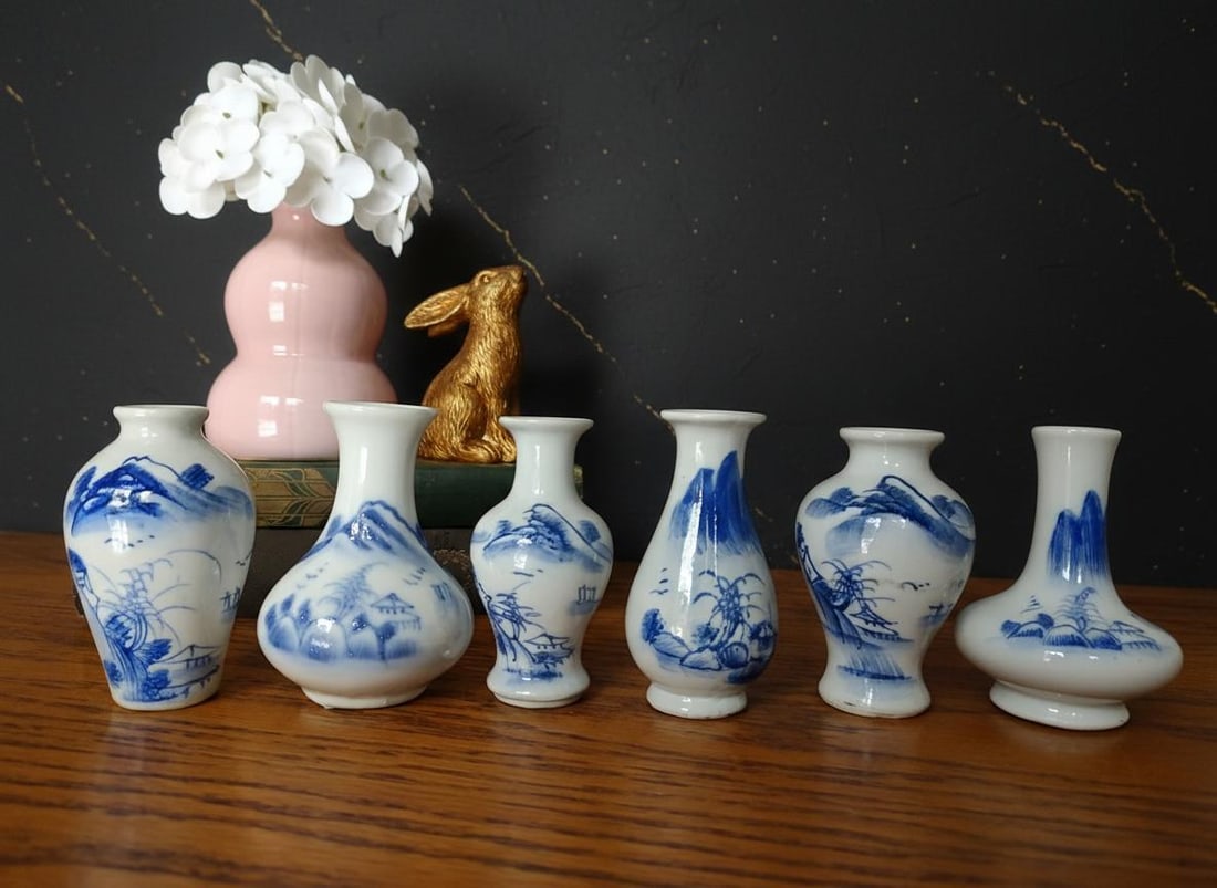 Set of 6 Antique Chinese Blue & White Porcelain Vases Miniature Landscape 3.5": Title:Set of 6 Antique Chinese Blue & White Porcelain Vases Miniature Landscape 3.5" Description:This is a set of six antique Chinese miniature vases, showcasing traditional craftsmanship. Each origin
