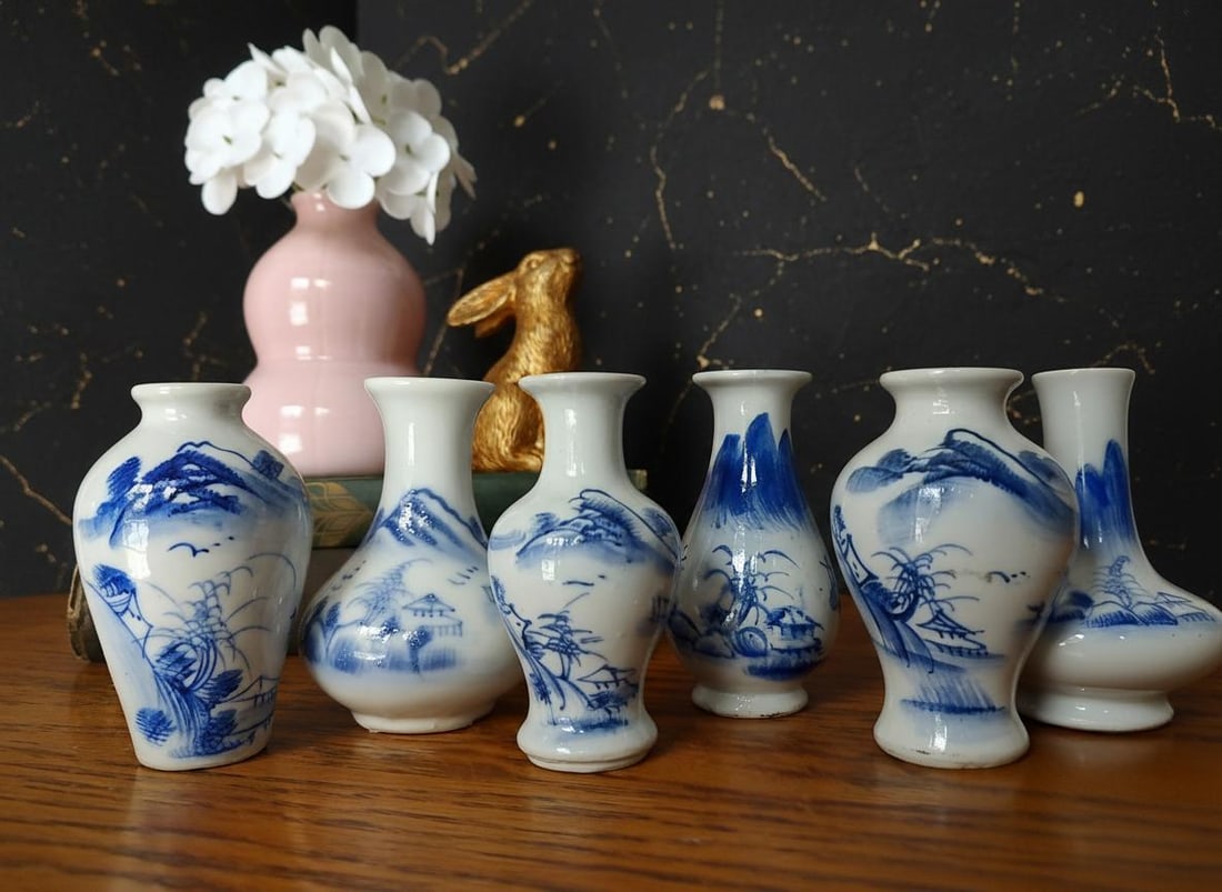 Set of 6 Antique Chinese Blue & White Porcelain Vases Miniature Landscape 3.5" - 2