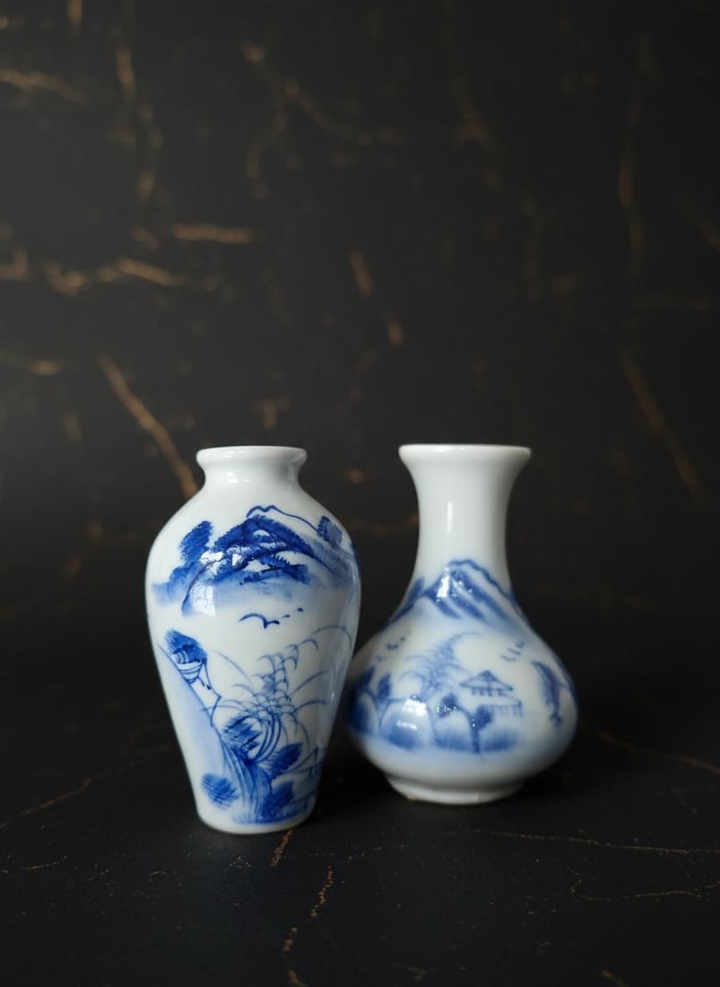 Set of 6 Antique Chinese Blue & White Porcelain Vases Miniature Landscape 3.5" - 3