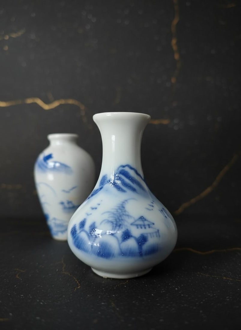 Set of 6 Antique Chinese Blue & White Porcelain Vases Miniature Landscape 3.5" - 4