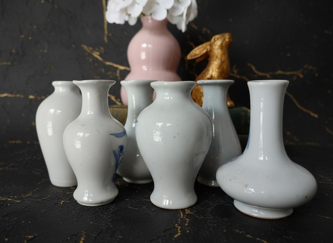 Set of 6 Antique Chinese Blue & White Porcelain Vases Miniature Landscape 3.5" - 9