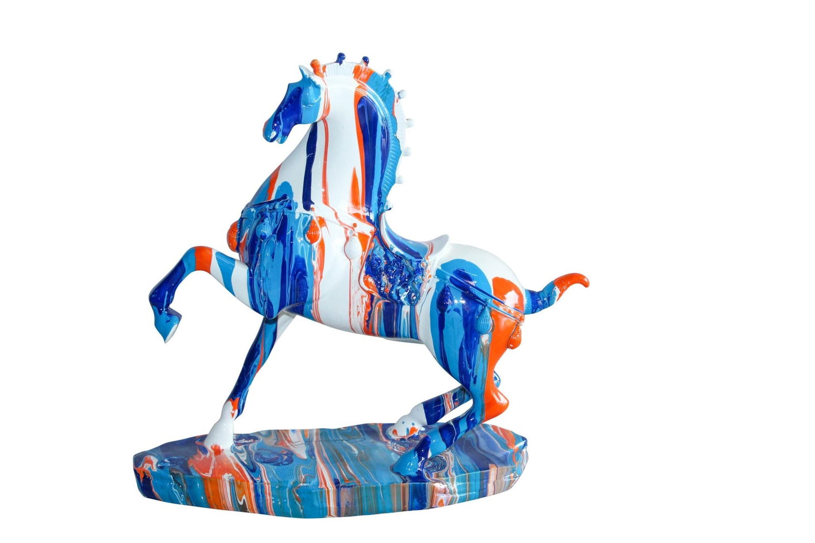 Modern Color Splash Horse Statue Tabletop Home Decor 13" x 6" x 13"H: Title:Modern Color Splash Horse Statue Tabletop Home Decor 13" x 6" x 13"HDescription:Eye-catching multicolor horse statue featuring bold streaks of blue, orange, and white in a high-gloss finish.