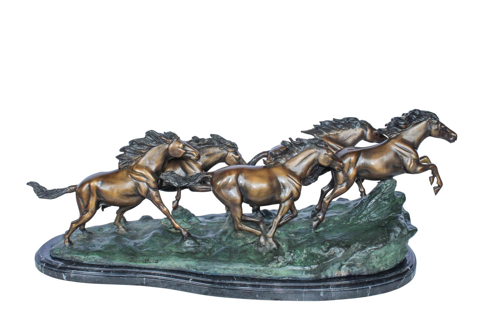 Running Horses Bronze Statue on Marble Base 47" x 20" x 17"H: Title:Running Horses Bronze Statue on Marble Base 47" x 20" x 17"HDescription:This stunning bronze statue captures five powerful horses in full gallop across a rocky terrain. Crafted with exquisite