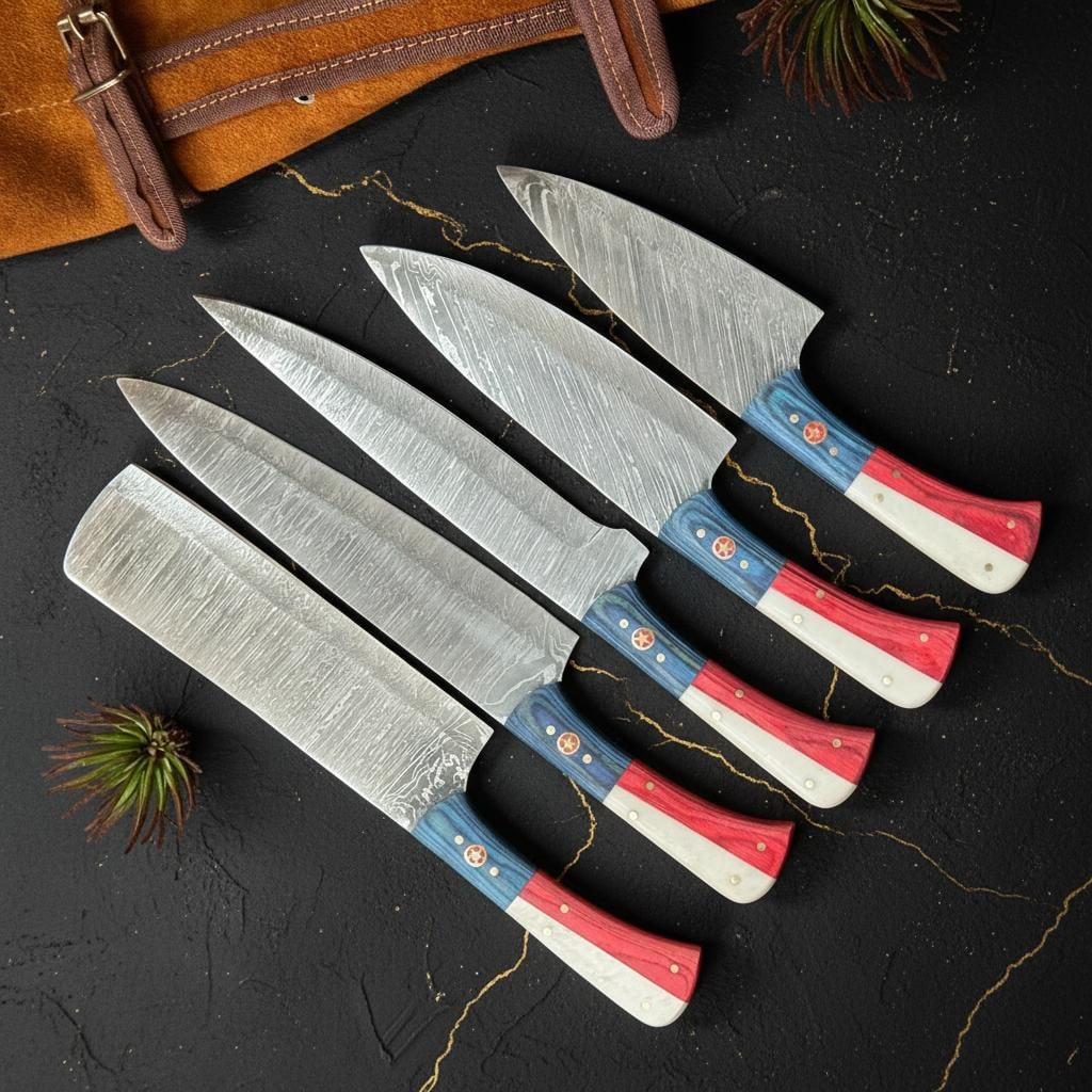 Handmade Damascus Steel Chef Knife Set 5pc, Texas Flag Pakka Wood, Leather Sheath: Title:Handmade Damascus Steel Chef Knife Set 5pc, Texas Flag Pakka Wood, Leather SheathDescription:Discover this meticulously crafted 5 Pcs Damascus Steel Chef Set, a testament to handmade excellence