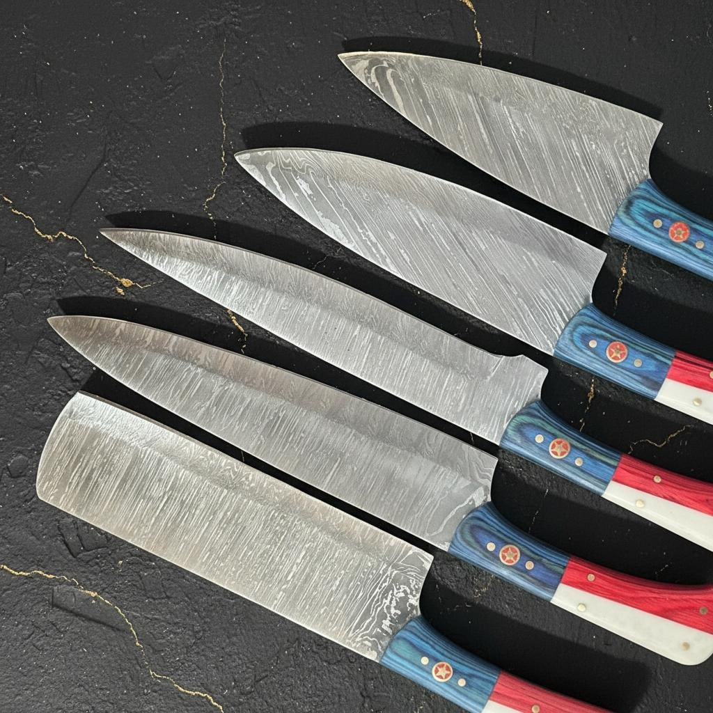 Handmade Damascus Steel Chef Knife Set 5pc, Texas Flag Pakka Wood, Leather Sheath - 3