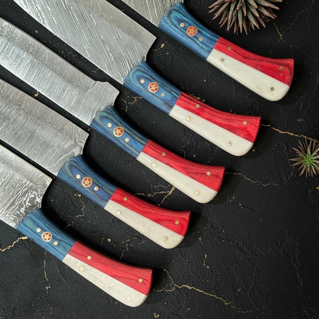 Handmade Damascus Steel Chef Knife Set 5pc, Texas Flag Pakka Wood, Leather Sheath - 4