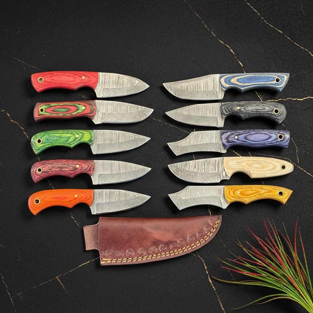 Lot of 10 Hand Forged Damascus Steel Skinner Knives with Pakka Wood Handles: Title:Lot of 10 Hand Forged Damascus Steel Skinner Knives with Pakka Wood Handles Description:This offering is for a lot of 10 hand-forged hunting skinner knives. Each knife is crafted from high-quali